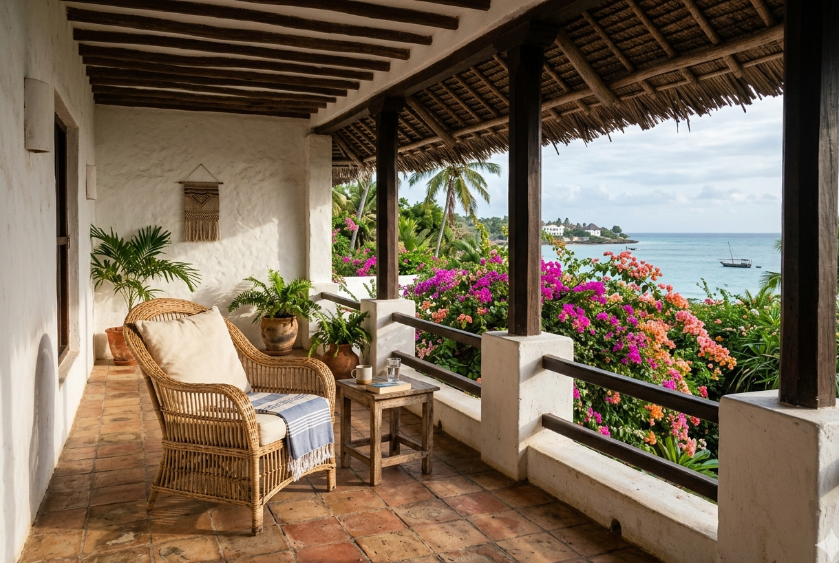Lamu coastal veranda with bougainvillea