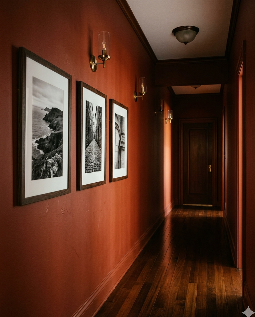 A painted hallway in rust red