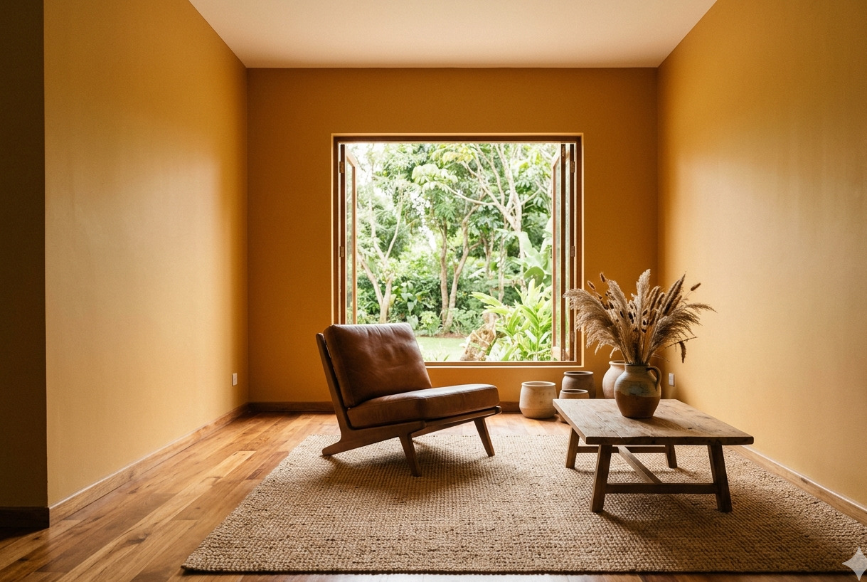Savanna gold living room with a brown leather chair