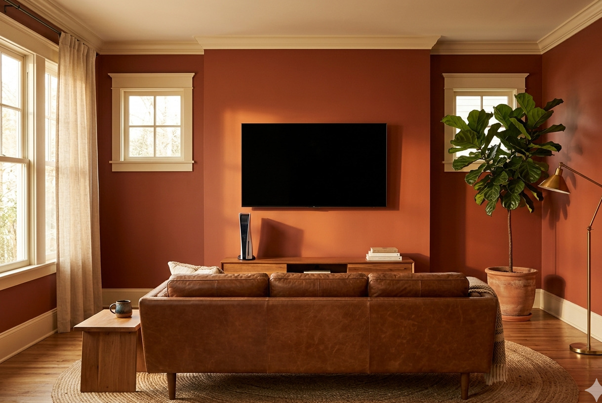 Terracotta-painted living room with a mounted TV