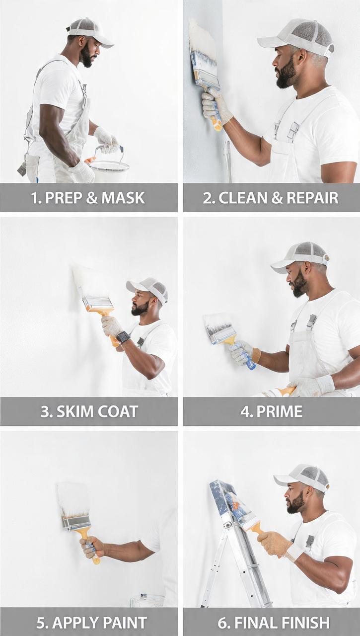 The Cloud Paints six-step painting process: prep and mask, clean and repair, skim coat, prime, apply paint, final finish